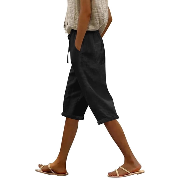 MLQIDK Black Linen Capri Pants for Women Lounge Pant Knee Length High Waisted Pedal Pushers Dressy Casual Pedal Pushers with Pockets Black S