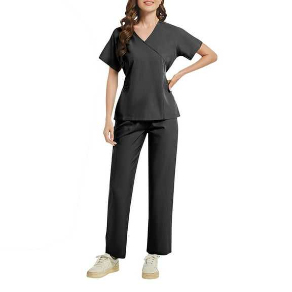 MLQIDK Black Scrubs Sets for Women Plus Size Medical Uniforms Stretchy V Neck Scrub Tops and Pants Nursing Scrubs Scrub Sets Clothing Set for Women Black XL