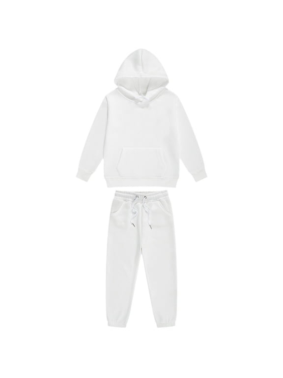 Boys Sweatsuit 2 Piece Tracksuit Size 5-6 Toddler Hoodie and Sweatpant Hooded Long Sleeve Solid Color Kids Sweat Set Boys Outfits White
