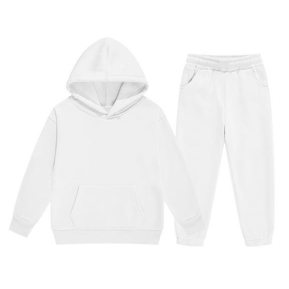 MLQIDK Boys Sweatsuit Kids Tracksuit Long Sleeve 2 Piece Toddler Sweat Set Size 11-12 Hooded Solid Color Sweatshirt and Sweatpant Boys Outfits White