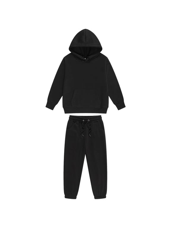 Boys Sweatsuit Size 7-8 2 Piece Tracksuits Plain Kids Sweat Suits Long Sleeve Hooded Sweatshirt and Jogging Pant Solid Color Kids Sweat Set Black