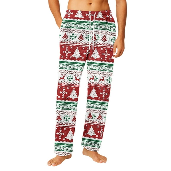 MLQIDK Christmas Pajama Pants Mens Xmas Tree Snowflake PJ Pants Comfy Pajama Bottoms Christmas Flannel Pajamas Baggy Holiday Drawstring Sleepwear