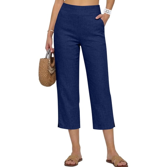 MLQIDK Crop Capri Pants for Women Crop Capri Pants Knee Length Elastic Waist Trendy Summer Plus Size Capris Dressy Casual Crop Capris with Pockets Navy 2XL