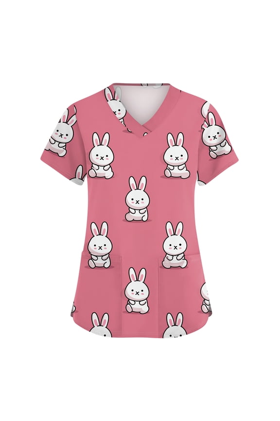 Easter Scrub Tops Women Bunny Egg Hunt Print Medical Scrubs Top Stretchy Plus Size V Neck Short Sleeve Nurse Uniforms Dark Green L