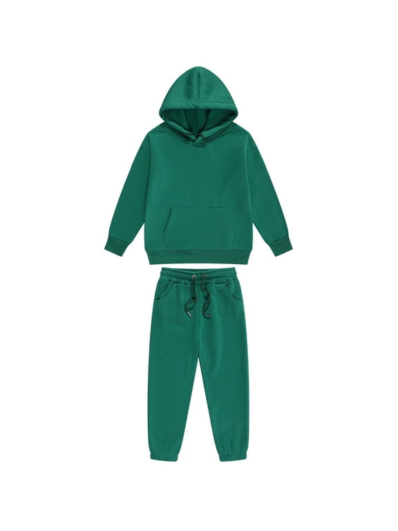 Girls Sweatsuit 2 Piece Tracksuit Size 5-6 Kids Sweatshirt and Jogging Pant Hooded Long Sleeve Solid Color Kids Sweat Set Boys Outfits Dark Green