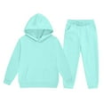 thumbnail image 1 of MLQIDK Girls Sweatsuit Kids Tracksuit Solid Color 2 Piece Sweat Suits Long Sleeve Size 5-6 Sweat Set Plain Hooded Hoodie and Sweatpant Kids Outfits Cyan, 1 of 3