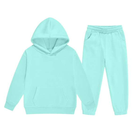 MLQIDK Girls Sweatsuit Kids Tracksuit Solid Color 2 Piece Sweat Suits Long Sleeve Size 5-6 Sweat Set Plain Hooded Hoodie and Sweatpant Kids Outfits Cyan
