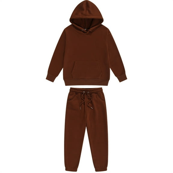 MLQIDK Girls Sweatsuit Size 7-8 Kids Tracksuit Solid Color 2 Piece Sweat Suits Long Sleeve Hooded Sweatshirt and Sweatpant Plain Kids Sweat Set Coffee