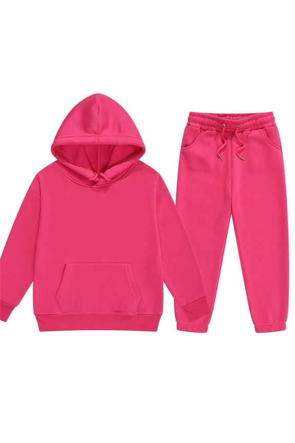 Girls Sweatsuit Size 9-10 Toddler Boy Tracksuit Solid Color 2 Piece Sweat Suits Long Sleeve Hooded Sweatshirt and Jogging Pant Plain Kids Sweat Set Hot Pink