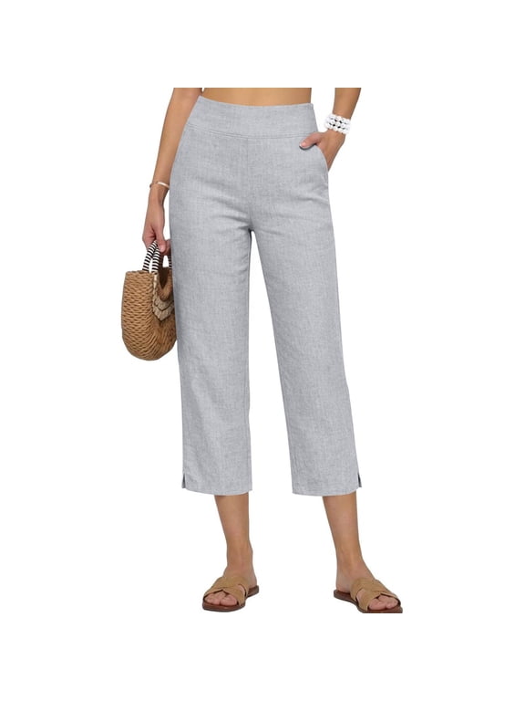 Gray Crop Capri Pants for Women Dressy Casual Lounge Pants Knee Length Elastic Waist Cropped Pants Trendy Summer Pedal Pushers with Pockets Gray M