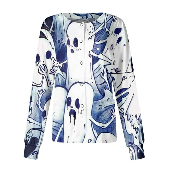 MLQIDK Halloween Nurse Jackets for Women Scrub Long Sleeve Pumpkin Ghost Bat Print Scrub Tops Button up Clearance Plus Size Lab Coat Nursing Working Uniform Dark Blue M