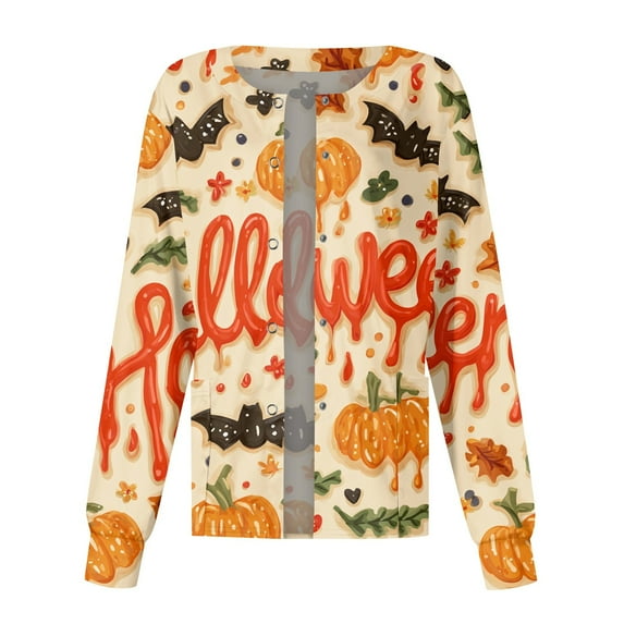MLQIDK Halloween Nurse Jackets for Women Scrub Long Sleeve Pumpkin Ghost Bat Printed Scrub Tops Button up Stretchy Plus Size Scrubs Set Nurses Working Uniforms Earthy Yellow 5XL