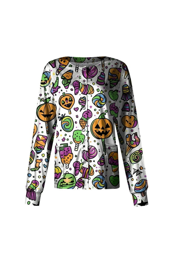 Halloween Nursing Jackets for Nurses Long Sleeve Pumpkin Ghost Bat Print Scrub Top Button up Stretchy Nurses Working Uniforms Warm up Medical Scrubs Set Mint Green 5XL