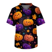 MLQIDK Halloween Print Scrubs for Men Nurse Uniform Shirts Funny Nurse Uniforms Short Sleeve V-Neck Scrub Shirts Fun Pumpkin Ghost Bat Printed Nurse Uniforms Black 2XL