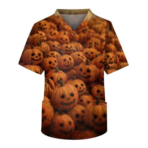 MLQIDK Halloween Print Scrubs for Men Nurse Uniforms Short Sleeve Halloween Nursing Tops Fun V Neck Scrub Shirts Holiday Printed Nurse Uniforms Yellow 2XL