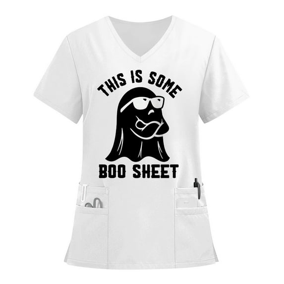 MLQIDK Halloween Print Scrubs for Women Halloween Shirt Fun Nurse Uniforms Short Sleeve V-Neck Scrub Shirts Funny Pumpkin Ghost Bat Printed Nurse Uniforms White M