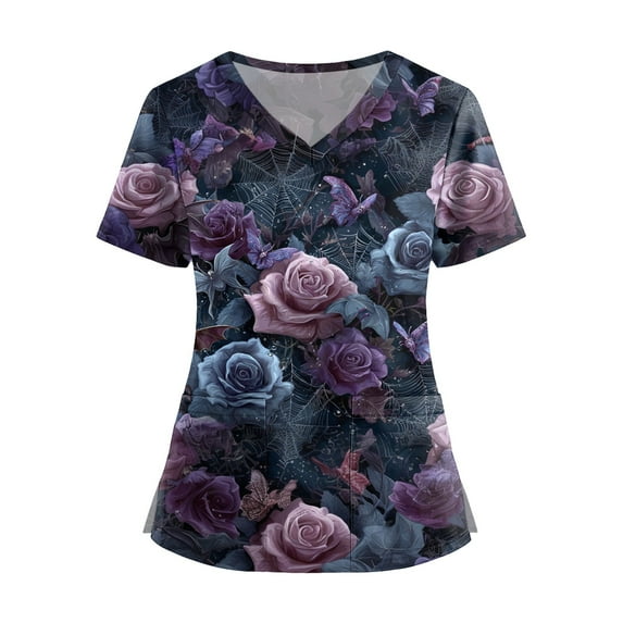 MLQIDK Halloween Print Scrubs for Women Nurse Uniform Shirts Fun Nurse Uniforms Short Sleeve V Neck Scrub Shirts Funny Pumpkin Ghost Bat Printed Nurse Uniforms Navy 5XL