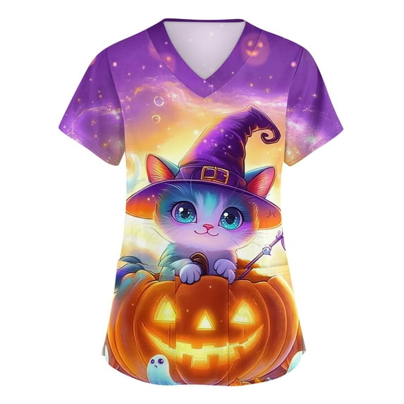 MLQIDK Halloween Print Scrubs for Women Nurse Uniform Shirts Funny Nurse Uniforms Short Sleeve V Neck Scrub Shirts Fun Holiday Printed Nurse Uniforms Light pink 2XL