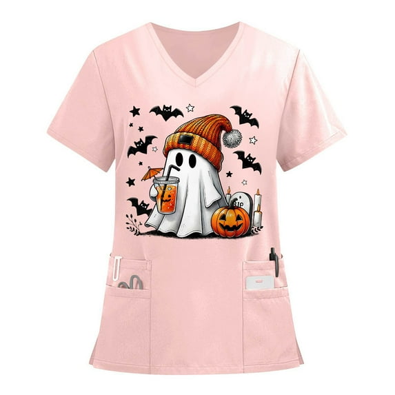 MLQIDK Halloween Print Scrubs for Women Nurse Uniform Shirts Short Sleeve Funny Spooky Season Working Uniform Fun V-Neck Scrub Shirts Holiday Printed Nurse Uniforms Pink 2XL