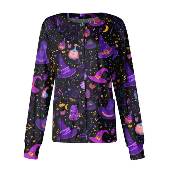 MLQIDK Halloween Scrub Jacket for Woman Long Sleeve Button up Plus Size Medical Scrub Top Pumpkin Ghost Bat Print Nursing Working Uniforms Spooky Lab Coat Purple Pink 5XL