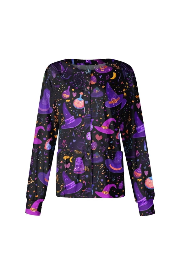 Halloween Scrub Jacket for Woman Long Sleeve Button up Plus Size Medical Scrub Top Pumpkin Ghost Bat Print Nursing Working Uniforms Spooky Lab Coat Purple Pink 5XL