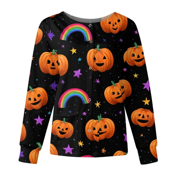 MLQIDK Halloween Scrub Jacket for Woman Long Sleeve Pumpkin Ghost Bat Print Scrub Top Snap Front Spooky Plus Size Nurse Jacket Nursing Working Uniforms Orange 2XL