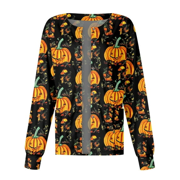 MLQIDK Halloween Scrub Jackets for Woman Long Sleeve Button up Plus Size Medical Scrub Tops Pumpkin Ghost Bat Printed Nurses Working Uniform Spooky Lab Coat Saffron 5XL
