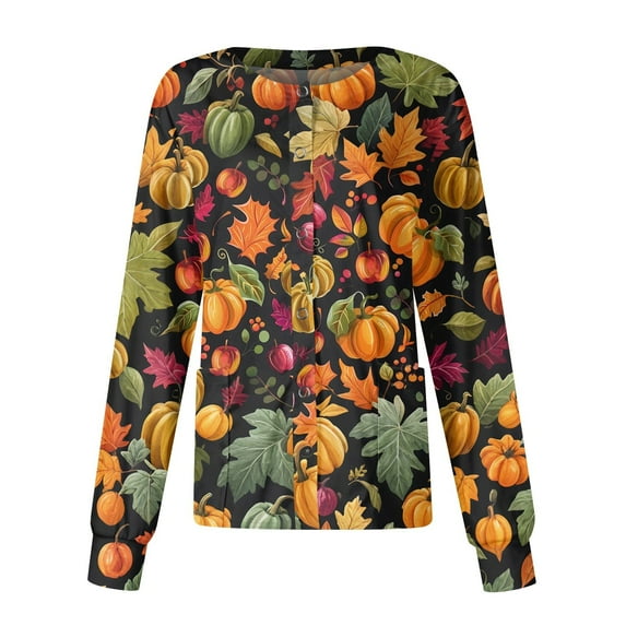 MLQIDK Halloween Scrub Jackets for Woman Long Sleeve Pumpkin Ghost Bat Print Scrub Top Button up Plus Size Nurses Working Uniforms Warm up Medical Nurse Jacket Orange XL