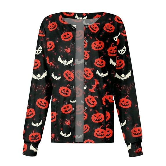 MLQIDK Halloween Scrub Jackets for Women Long Sleeve Snap Front Warm up Medical Scrub Tops Pumpkin Ghost Bat Print Nursing Working Uniform Spooky Scrubs Set Vermilion L