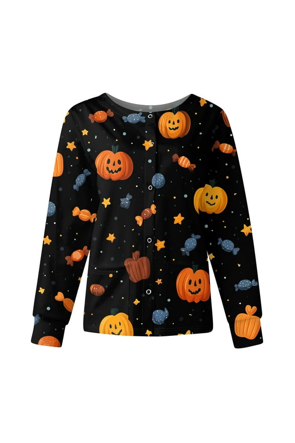 Halloween Scrub Jackets for Women Spooky Pumpkin Ghost Bat Print Snap Front Long Sleeve Warm up Scrubs Sets Plus Size Nursing Working Uniforms Black 2XL