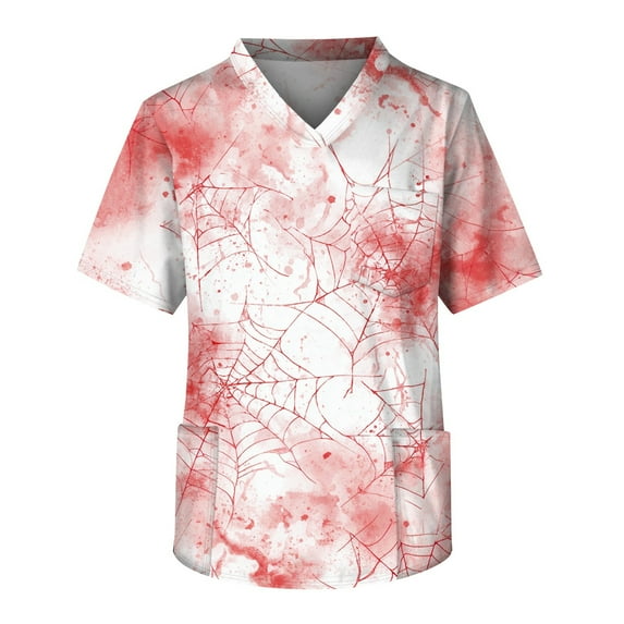 MLQIDK Halloween Scrub Tops Men Big and Tall Halloween Shirt Funny Spooky Season Scrub Shirts V-Neck Short Sleeve Holiday Printed Fun Nurse Uniforms Pink L