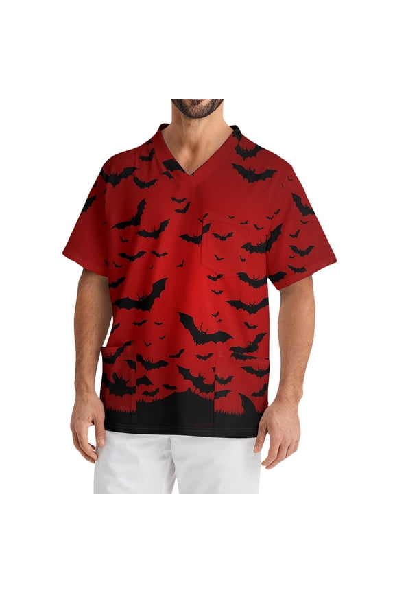 Halloween Scrub Tops Men Big and Tall Halloween Shirt Funny Spooky Season Scrub Shirts V Neck Short Sleeve Pumpkin Ghost Bat Printed Fun Nurse Uniforms Red 5XL