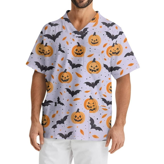 MLQIDK Halloween Scrub Tops Men Big and Tall Spooky Season Scrub Shirts V-Neck Short Sleeve Funny Halloween Printed Nurse Uniforms Fun Workwear Light Purple 5XL