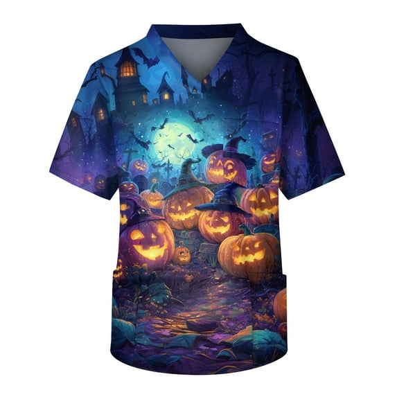 MLQIDK Halloween Scrub Tops Men Halloween Shirt Funny Nurse Uniforms Short Sleeve V Neck Scrub Shirts Fun Holiday Printed Medical Scrubs Purple S