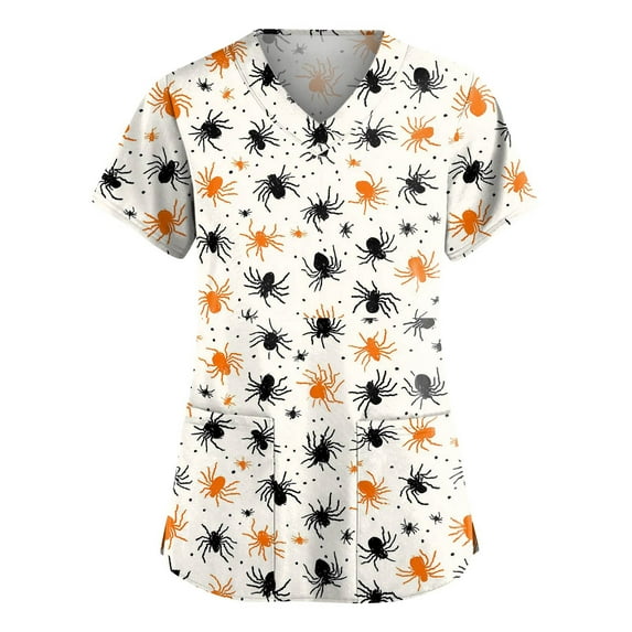 MLQIDK Halloween Scrub Tops Women Medical Scrubs Plus Size Short Sleeve Nursing Tops Fun V-Neck Scrub Shirts Pumpkin Ghost Bat Printed Nurse Uniforms Beige 2XL