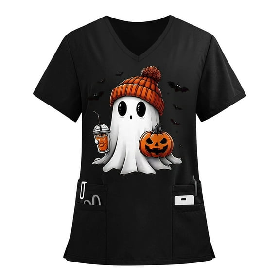 MLQIDK Halloween Scrub Tops Women Medical Scrubs Short Sleeve Halloween Nursing Tops Fun V-Neck Scrub Shirts Pumpkin Ghost Bat Printed Nurse Uniforms Black L