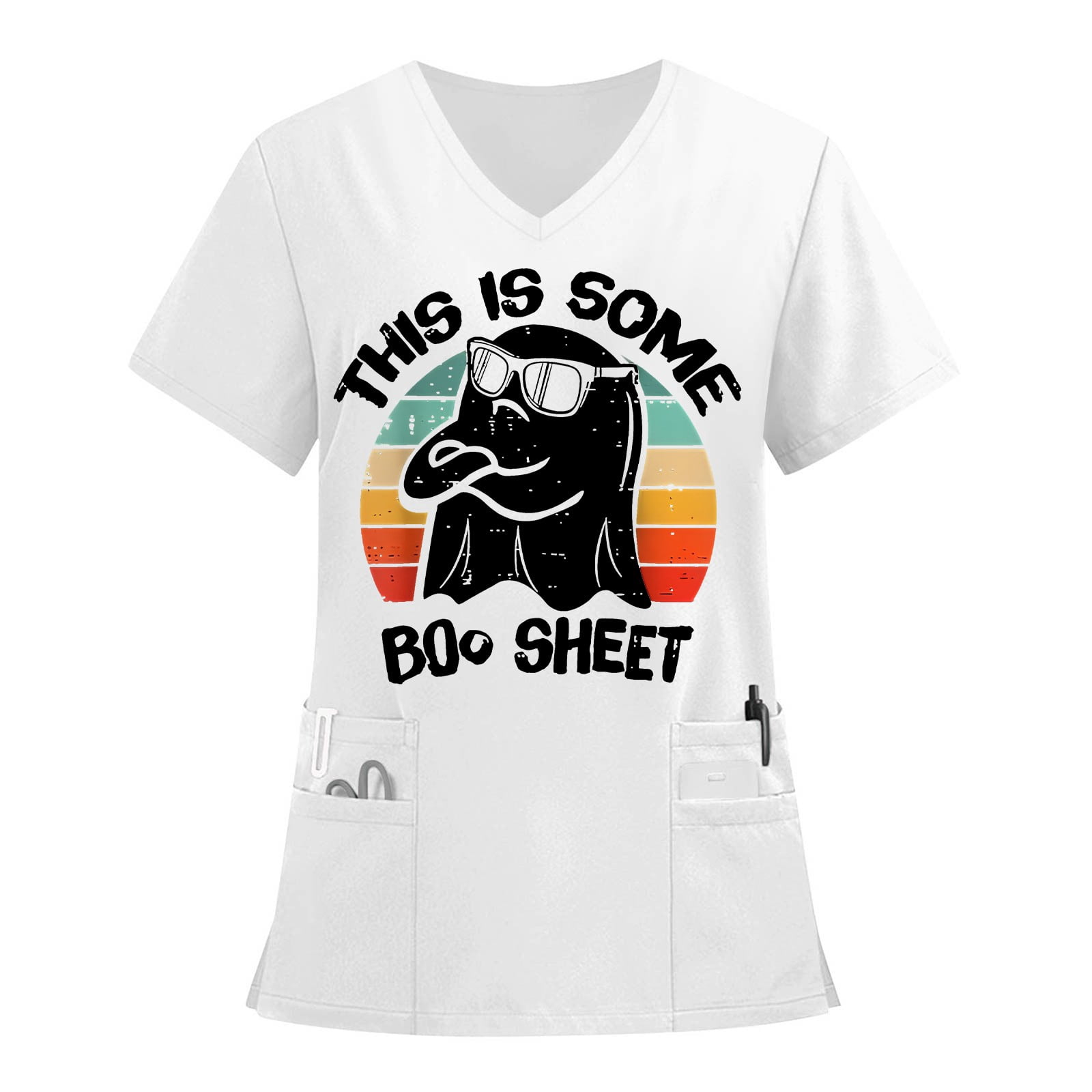 MLQIDK Halloween Scrub Tops Women Nurse Uniform Shirts Fun Medical