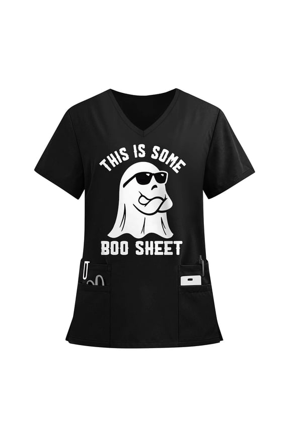 Halloween Scrub Tops Women Nurse Uniforms Plus Size Short Sleeve Nursing Tops Fun V-Neck Scrub Shirts Pumpkin Ghost Bat Printed Medical Scrubs Black L