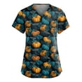 thumbnail image 1 of MLQIDK Halloween Scrub Tops Women Plus Size Nurse Uniforms Short Sleeve Halloween Nursing Tops Fun V Neck Scrub Shirts Pumpkin Ghost Bat Printed Medical Scrubs Dark Blue M, 1 of 4