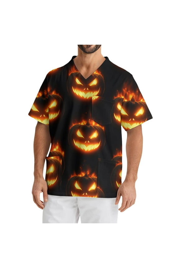 Halloween Scrubs for Mens Pumpkin Ghost Bat Funny Nurse Uniform Shirts Short Sleeve Big and Tall Scrubs Fun V-Neck Scrub Shirts Pumpkin Ghost Bat Printed Nurse Uniforms Black 5XL