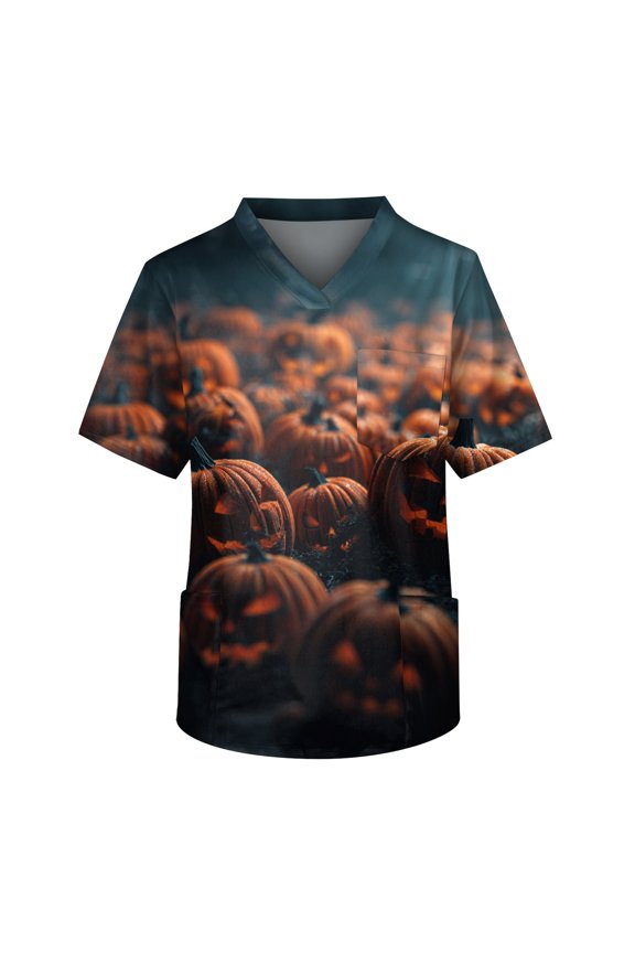 Halloween Scrubs for Mens Short Sleeve Pumpkin Ghost Bat Printed Nurse Uniforms Big and Tall V Neck Funny Scrub Shirts Halloween Fun Workwear Ginger 3XL