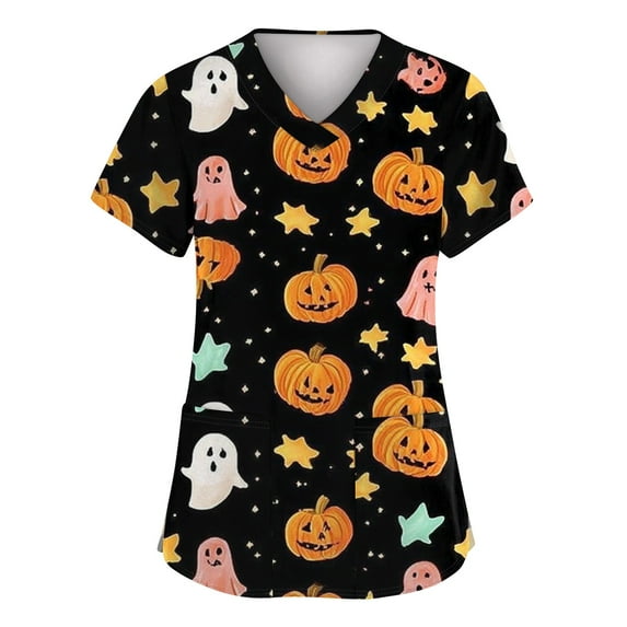 MLQIDK Halloween Scrubs for Womens Pumpkin Ghost Bat Funny Nurse Uniform Shirts Short Sleeve Plus Size Scrubs Fun V Neck Scrub Shirts Pumpkin Ghost Bat Printed Nurse Uniforms Black 2XL