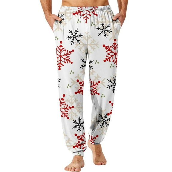 MLQIDK Holiday Pajama Pants Men Santa Xmas Tree Snowflake Comfy Pants Wide Leg Christmas Baggy Pajama Pants Plaid Drawstring Sleep Pajama Bottoms