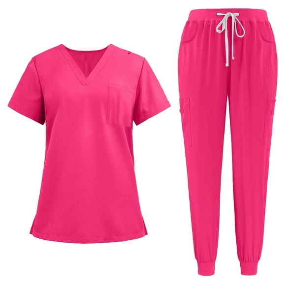 MLQIDK Hot Pink Scrubs Sets for Women Plus Size Medical Scrub Sets Petite V Neck Yoga Scrub Pants and Tops Nursing Top Scrub Set Jogger Scrubs Hot Pink L