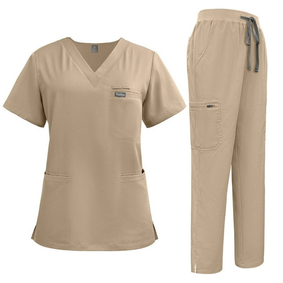 MLQIDK Khaki Scrubs Sets for Women Plus Size Scrub Sets Petite V Neck Scrub Pants and Tops Medical Scrub Sets Nursing Scrubs with Pockets Khaki XXL