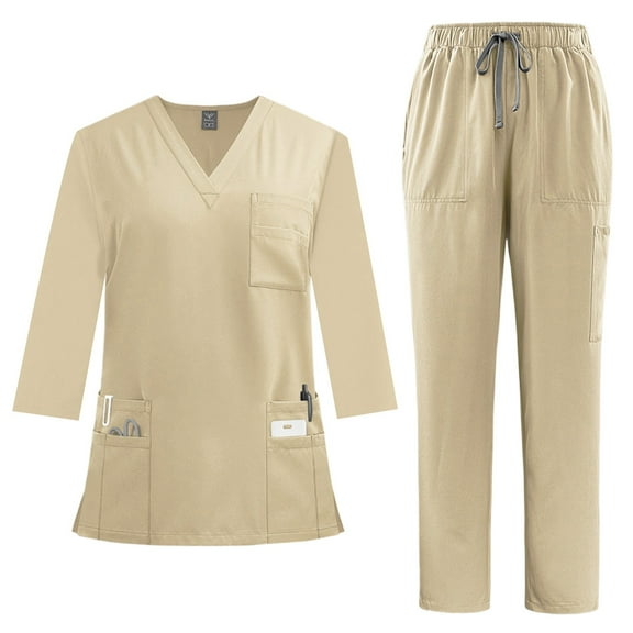 MLQIDK Khaki Scrubs Sets for Women Plus Size Scrub Sets Petite V Neck Yoga Scrub Pants and Tops Nursing Top Medical Scrub Sets with Pockets Khaki S