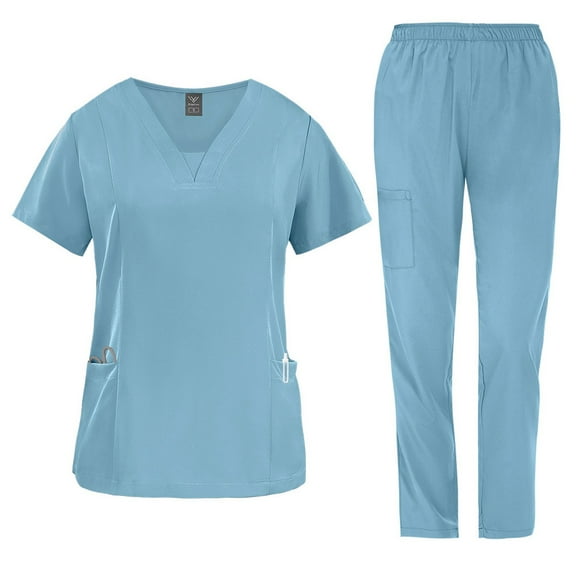 MLQIDK Light Blue Scrubs Sets for Women Plus Size Nurse Uniforms Petite V Neck Scrub Tops and Pants Medical Scrub Sets Jogger Scrubs with Pockets Light Blue XXL