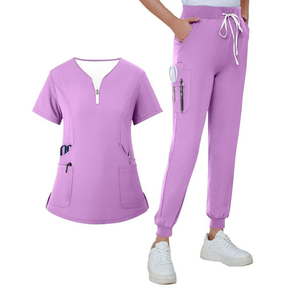 MLQIDK Light Purple Scrubs Sets for Women Plus Size Medical Scrub Sets Stretchy V Neck Yoga Scrub Pants and Tops Nursing Scrubs Scrub Sets with Pockets Light Purple L