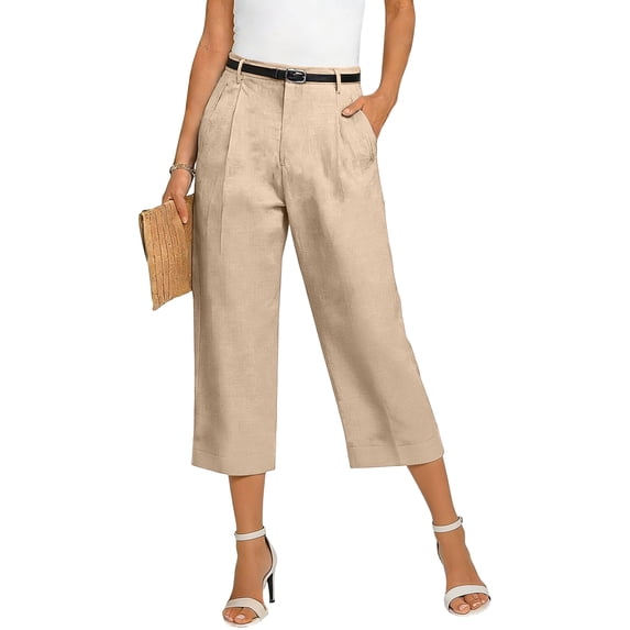 MLQIDK Linen Capris for Women Lounge Pant Knee Length High Waisted Knee Length Shorts Dressy Casual Pedal Pushers with Pockets Khaki L