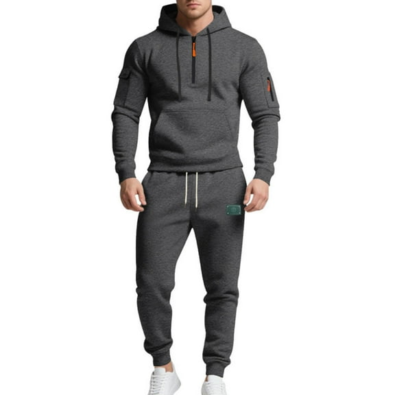 MLQIDK Men's Big and Tall Workout Gym 2 Piece Set Athletic Track Suits Fleece Hoodie and Cargo Sweatpants Casual Sweatsuits Winter Jogging Sweat Suits Lounge Outfit Saffron XL